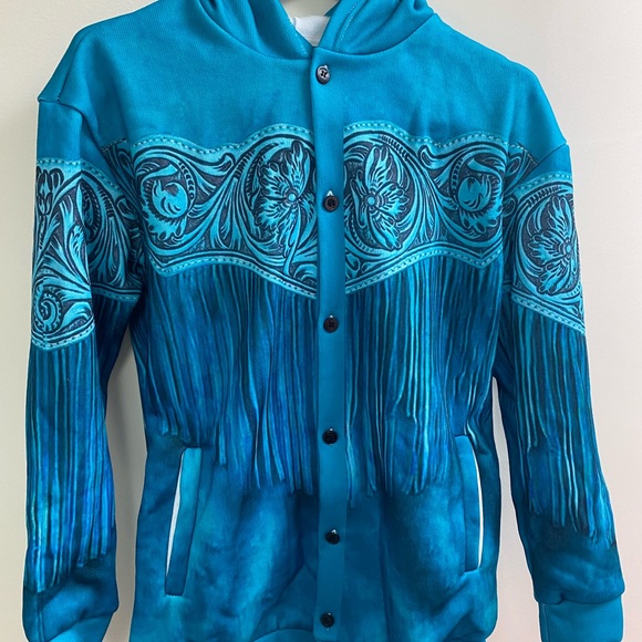 Sweaters - NWOT Turquoise patterned buttoned up hooded sweater